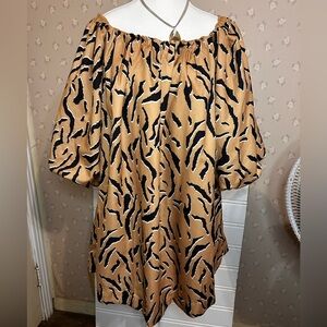 Fate Off-Shoulder Animal Print Mini Dress in Tan and Black Large Boho Chic Party